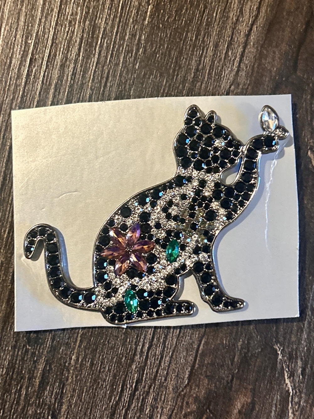 Black Cat Brooch Pin with Butterfly in Silver